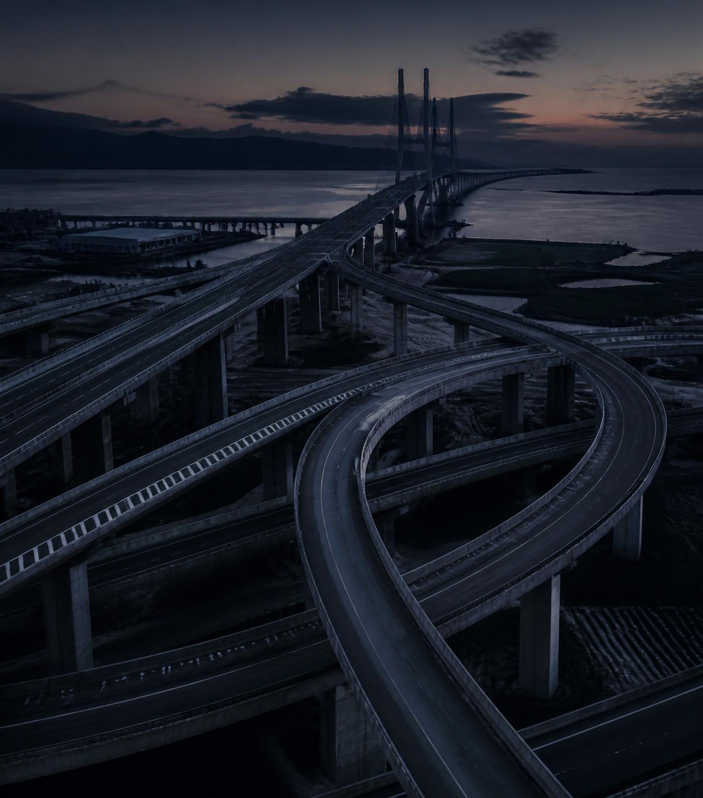 Aerial view of a concrete highway interchange and bridge at dusk